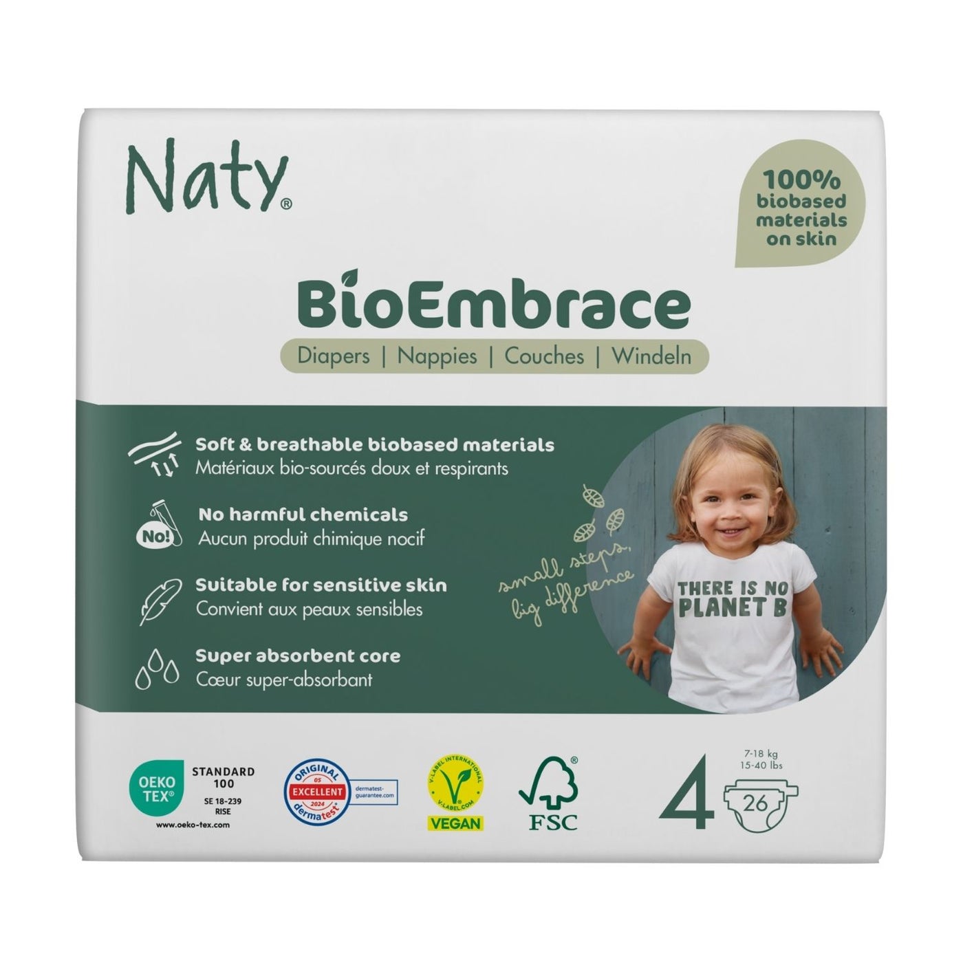 BioEmbrace Baby Diapers Size 4 (7-18 kg),100% Biobased on Skin, Plant-Based Softness, Dermatologically Tested and Super Absorbent, Pack of 26